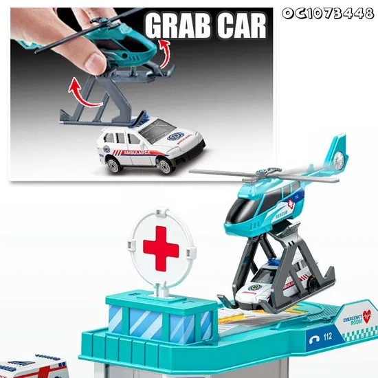 New Trending Simulation Cartoon City Track Parking Lot 2 in 1 Ambulance Toy Car Pretend Play Hospital Track for Kids with Plane