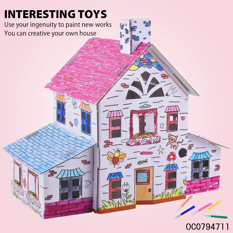 Montessori Children Toy Educational DIY Doodle Painting Kit Cardboard House Toy for Kids