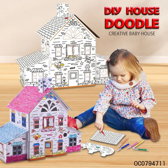 Montessori Children Toy Educational DIY Doodle Painting Kit Cardboard House Toy for Kids