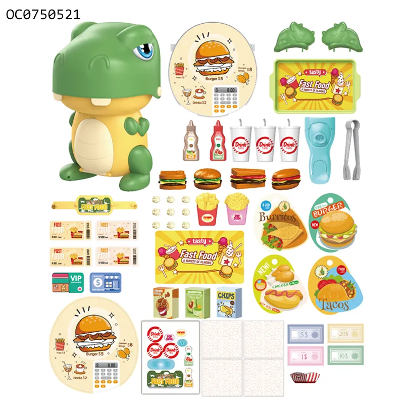 Wholesale Cartoon Dinosaur Design Hamburger Plastic Toy Fast Food Kitchen Plastic Children House Play Gift Set Toys