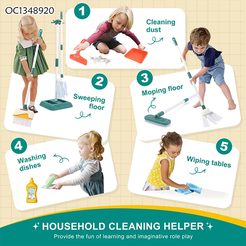 Household Cleaning Tools Accessories Plastic Kid Role Play Children Montessori Cleaning Toys with Simulation Broom and Mop