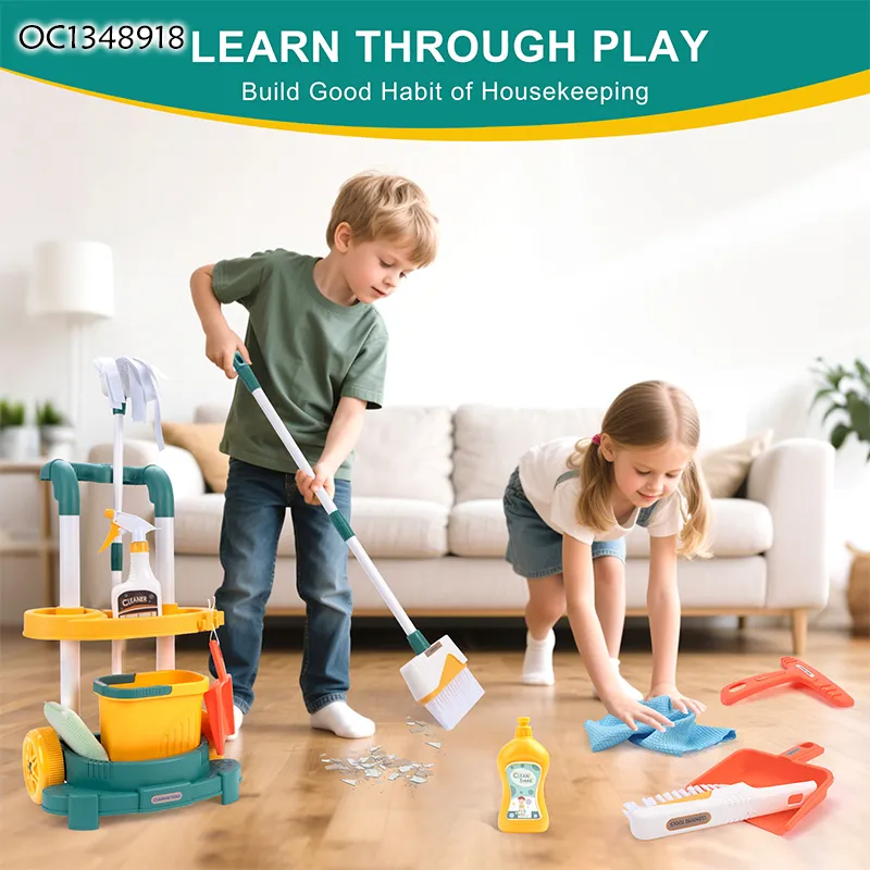 Wholesale Housekeeping Broom and Mop Cleaning Tools Pretend Play Home Cleaning Play Set Cleaning Cart Toy for Kids Home