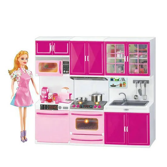 Wholesale Kids Pretend Kitchen Play Set Plastic Doll Furniture and Doll Cabinet Toy with Music and Light