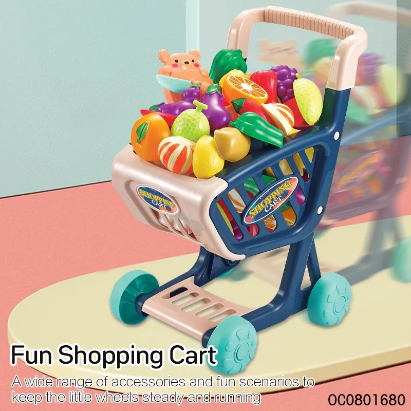 Wholesale Pretend Children's Plastic Kitchen Role Play Set Kids Supermarket Trolley Shopping Toys with Fruit