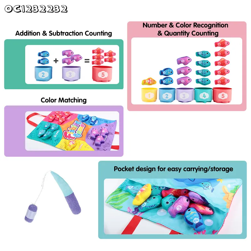 Color Sorting Cognitive Development Early Education Baby Cloth Material Sensory Toy Portable Fish Game Plastic Toy Fish Hook Kid