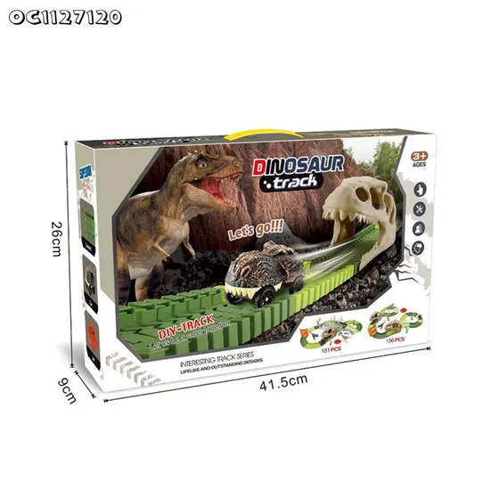 181PCS Dinosaur Theme Adventure Jigsaw Puzzle Track Cars DIY Assembling Rail Car Toys Slot Toys with Electric Dinosaur Car