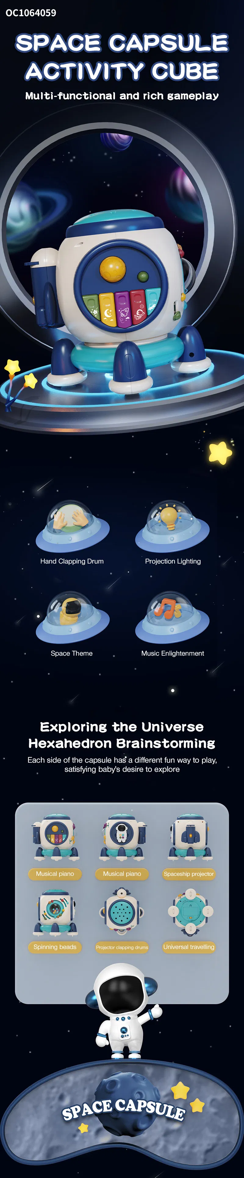 Wholesale Musical Montessori Learning Keyboard Hand Drum 6 in 1 Montessori Custom LED Projector Toy