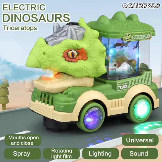 Universal Moving Mouth Water Mist Spray Dinosaur Friction Battery Powered Trucks Transport Car Carrier Toy with Light and Sound