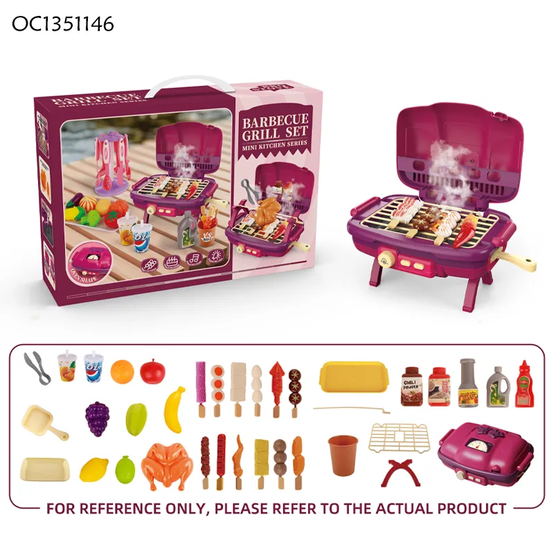 Wholesale Simulation Food Pretend Barbecue Kids Role Play Pink Children's Plastic Mini Kitchen Eaducational Set Toy with Spray