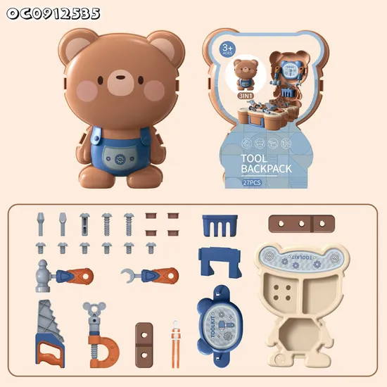 Cartoon Bear Design Backpack Plastic Nuts and Screws Kids Pretend Role Play Hand Tools Toy for Boys Wholesale