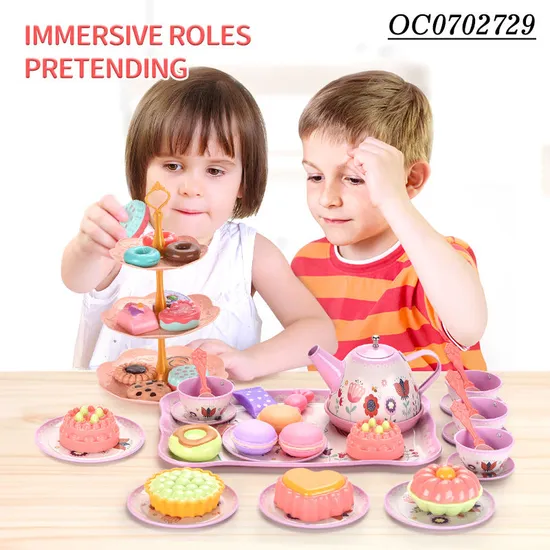 Wholesale Tableware Food Children Play Afternoon Tea Pink Plastic Kitchen Pretend Toy Set