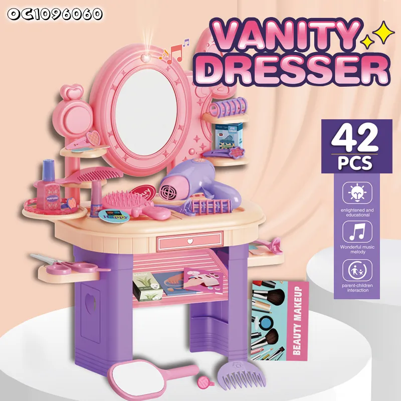 Wholesale Pretend Play Kids Hair Salon Cosmetic Beauty Set Toy Make up Mirror Dressing Table Pink Makeup Toys for Girls Children with Music