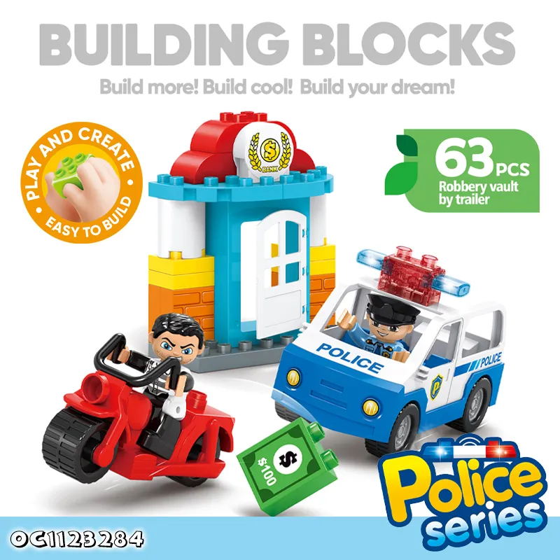 Wholesale Montessori Plastic Children Sensory DIY Police Car Gift Building Block Toy with Light