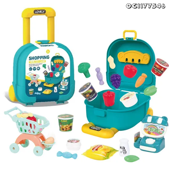 Mini Shopping Trolleys Carts Green Color Home Supermarket Toys Shop for Kids Girls Supermarket Goods Toy with Fruit Vegetable Food