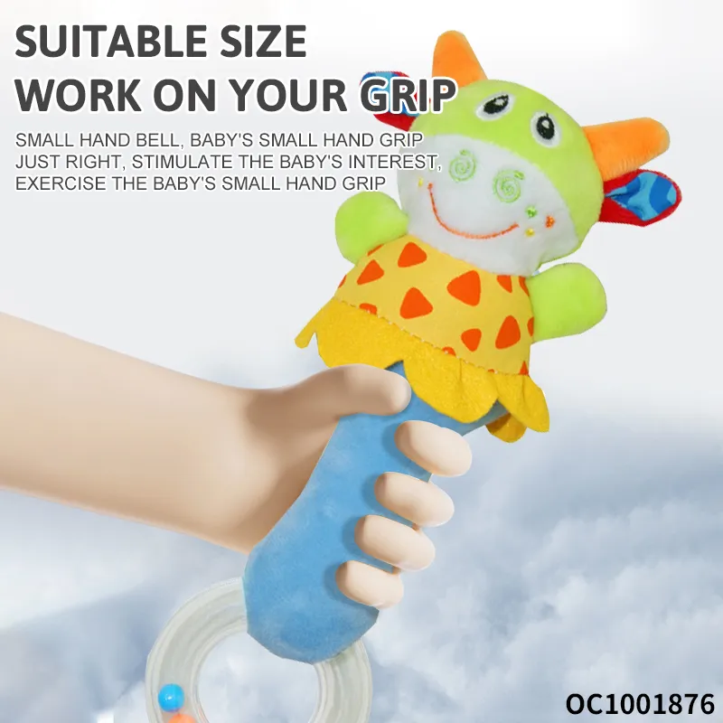 Cute Cow Design Easy Grasping Toys Soothing Soft Plush Baby Educational Hand Rattles Toys with Soft Toy Animal Head Design