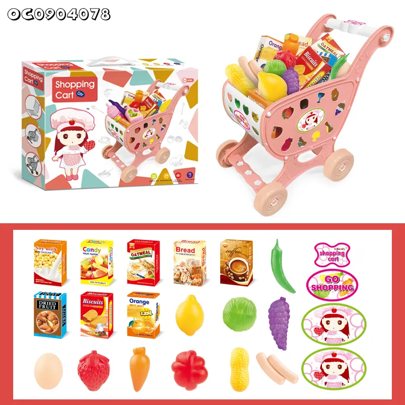 Interactive Plastic Toy Supermarket Trolley Kids Pretend and Play Preschool Toy Shopping Cart Toy with Simulation Plastic Fruit