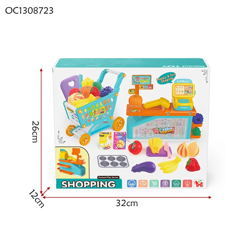 Good Quality Electronic Cash Register Supermarket Bill Counter Toy with Pretend Plastic Shopping Cart Fruit Vegetable Simulation