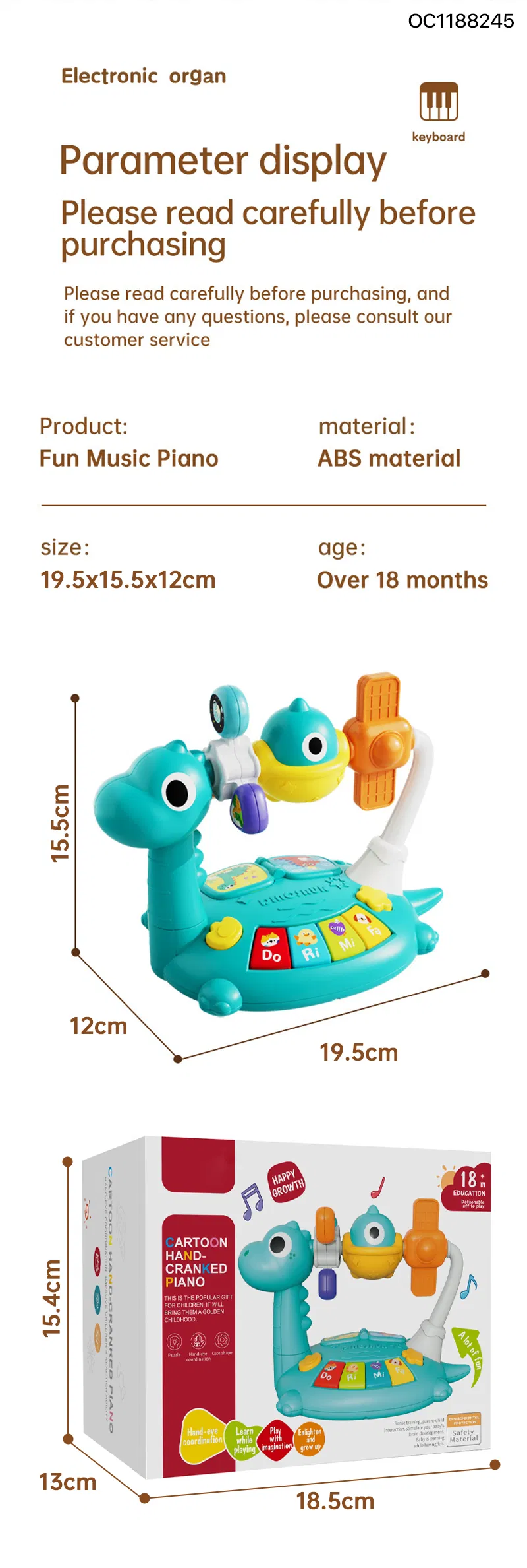 Wholesale Cartoon Dinosaur Design Music Baby Plastic Animal Sound Electronic Small Piano Education Rainbow Keyboard Toy