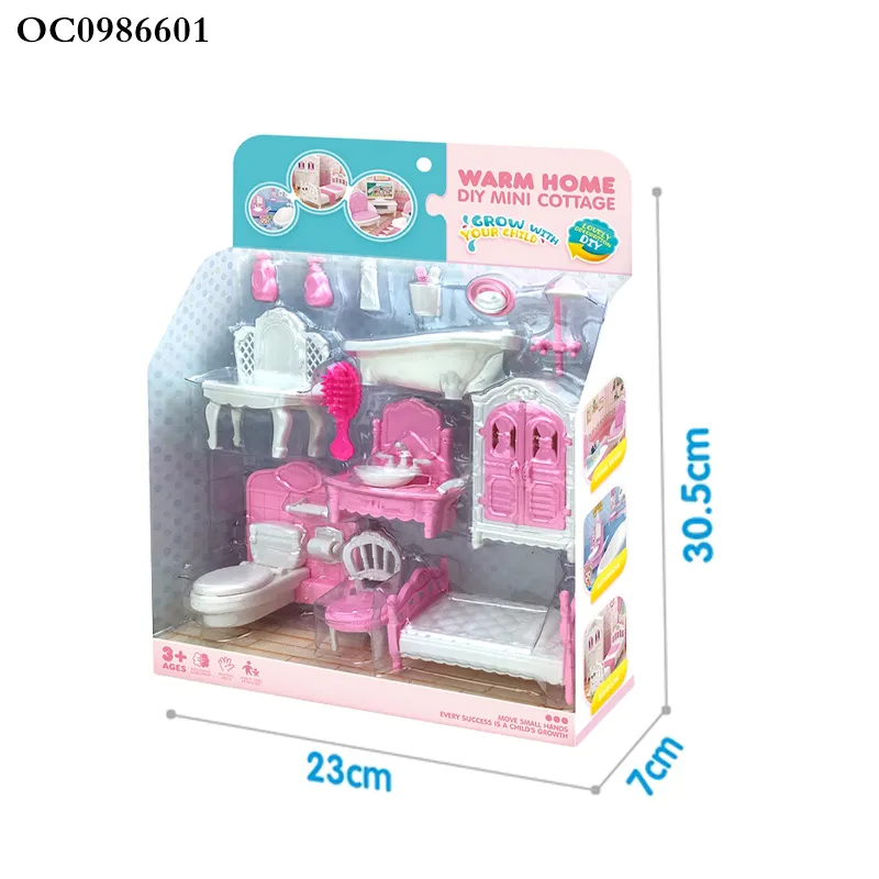 Wholesale Makeup Dressing Plastic Pink Baby Toy Bathroom Bedroom DIY Plastic Doll House Toys Set