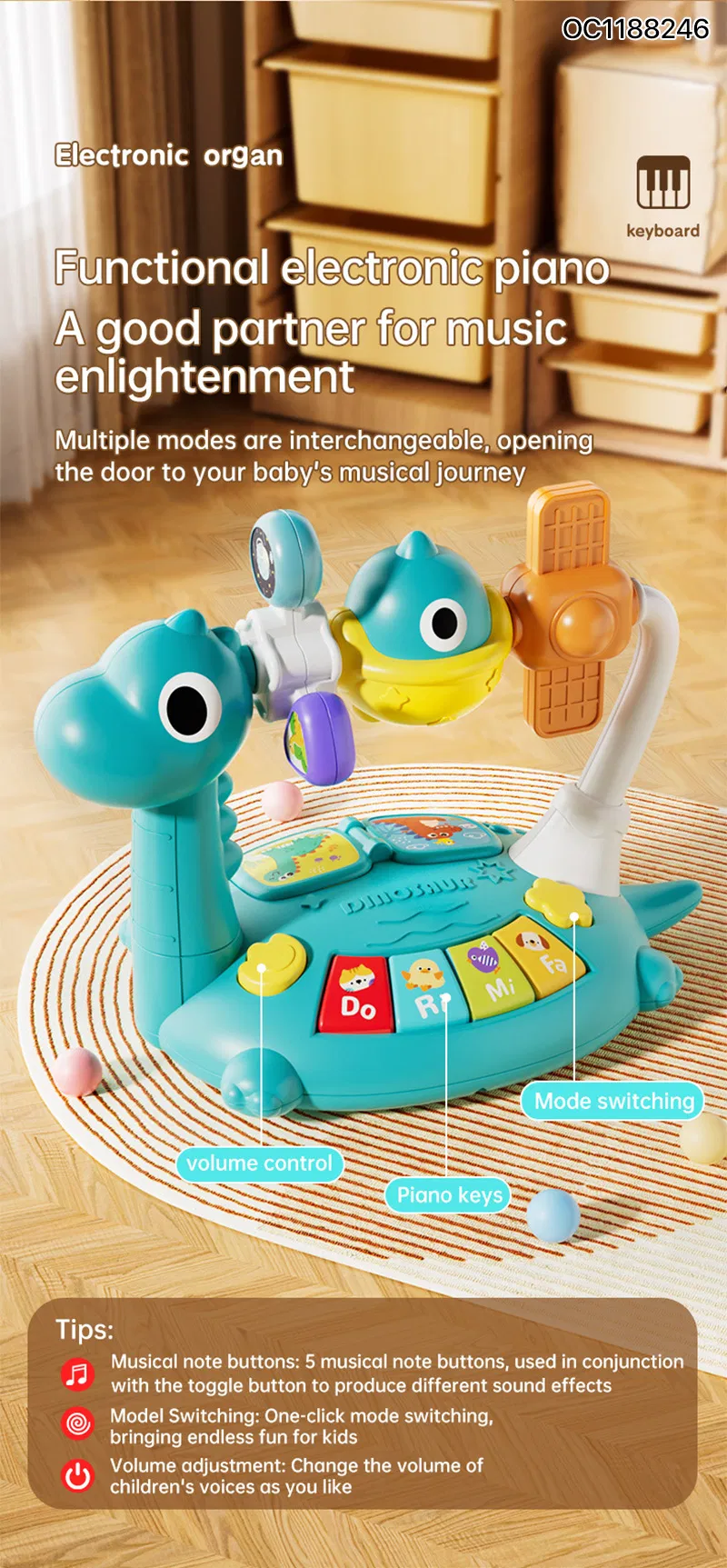 Wholesale Baby Light-up Keyboard Electric Montessori Sensory Educational Music Hand Piano Toy