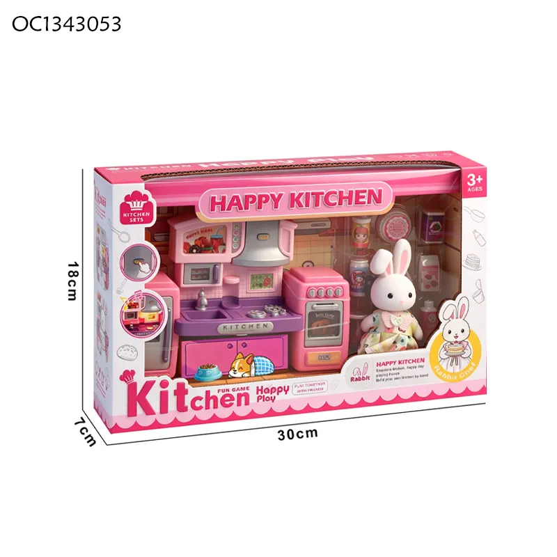 Wholesale Animal Kids Rabbit Doll Plush Toy Kitchen Cooking Pretend Play Food Doll House Set with Light Sound
