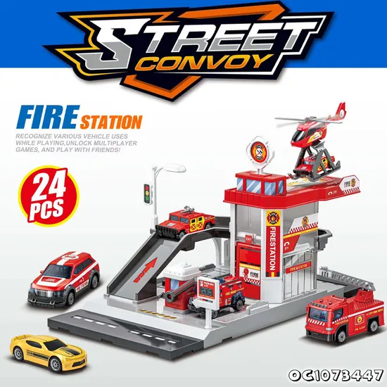 Wholesale Cartoon City Track Parking Lot Kids Fire Station Equipments Scene Set Fire Fighting Truck Toy with Plane and Fire Cars