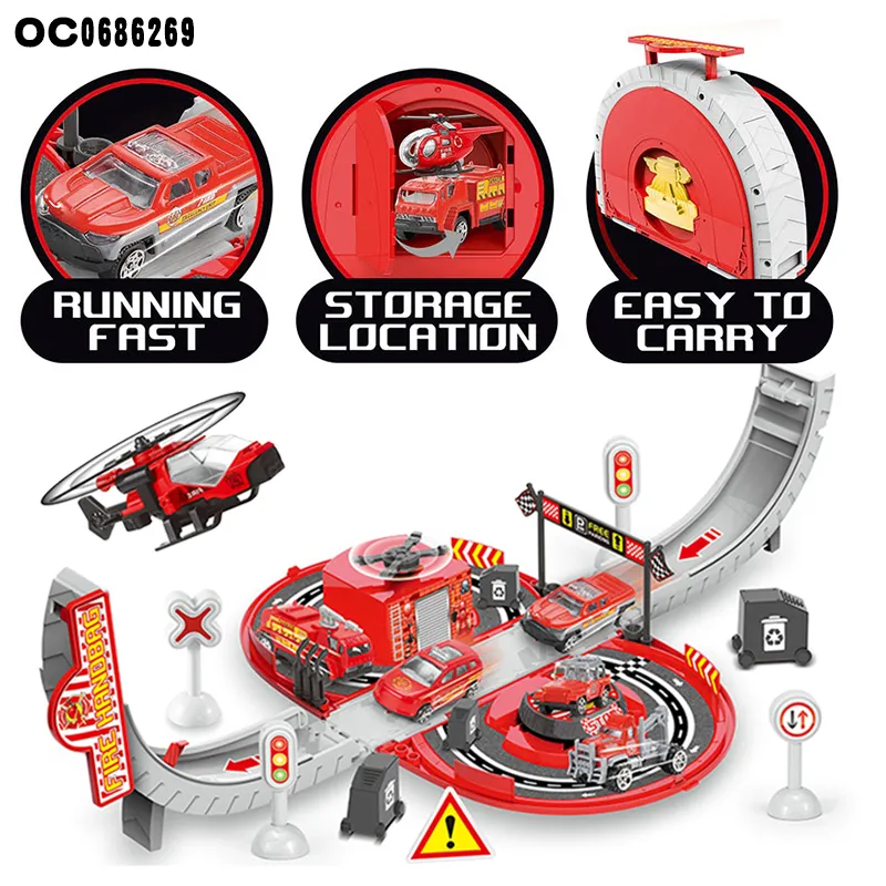 3 Pieces Fire Truck Toy Car Model Diecast Super Parking Lot Toys with Track Rail