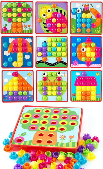 Intelligent DIY Toy 46PCS Button Nail 10 Set Animals Pattern Wooden 3D Jigsaw Puzzle Toy for Kids