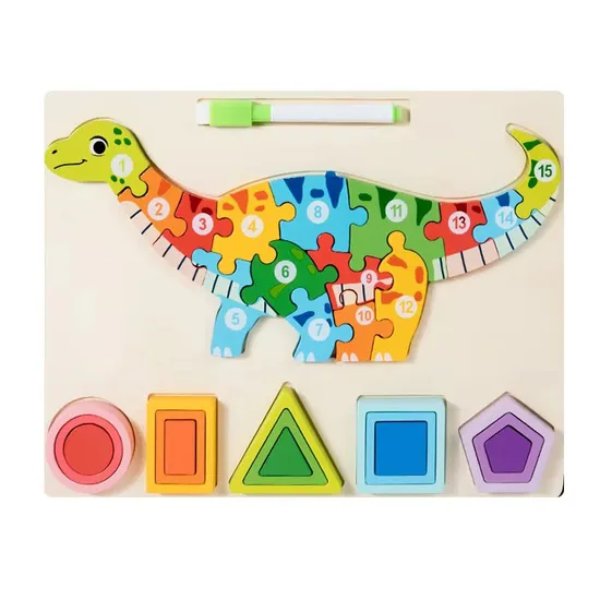 Kindergarten Toy Montessori Early Education Family Wooden Dinosaur Activity Wall Jigsaw Puzzle Game Busy Board Toy