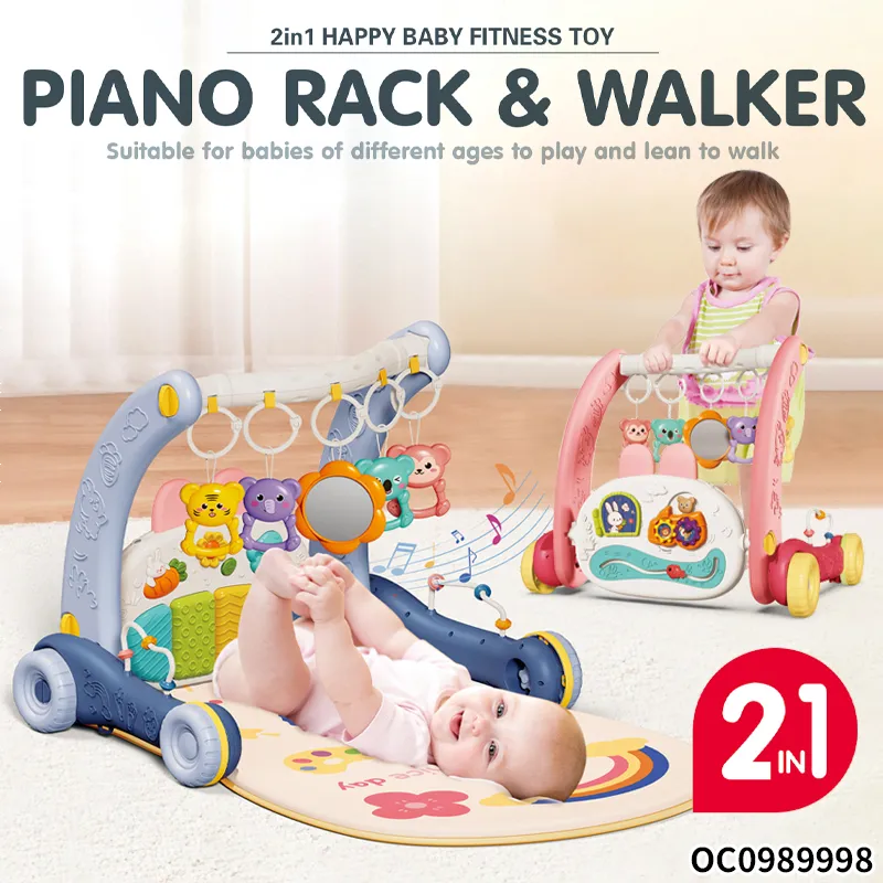 Good Quality 2 in 1 Baby Push Walker Pedal Baby Gym Piano Toys Musical Padded Baby Activity Gym Mat Playmat with Hanging Animals