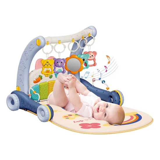 Good Quality 2 in 1 Baby Push Walker Pedal Baby Gym Piano Toys Musical Padded Baby Activity Gym Mat Playmat with Hanging Animals