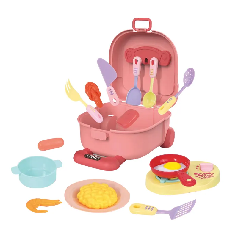 Kids Toddler Educational Pretend Cooking Games Play Set Happy Kitchen Toys for Sale with Plastic Tableware and Simulation Food