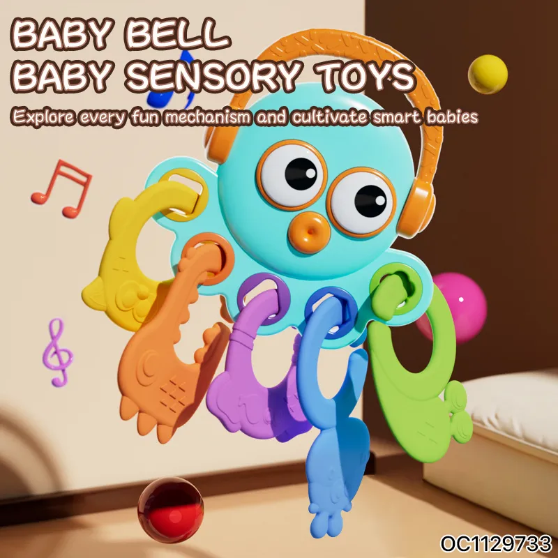 Baby Hand Guard Teether Food Grade Silicone Chew Montessori Sensory Rattle Toy for 0-6 6-12 Months with Matching Shape Blocks