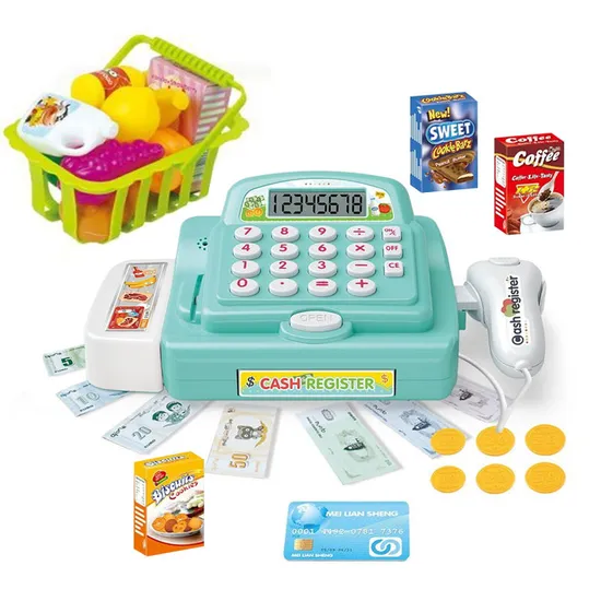 Kids Market Pretend Play Play Cash Register Toy with Scanner with Food