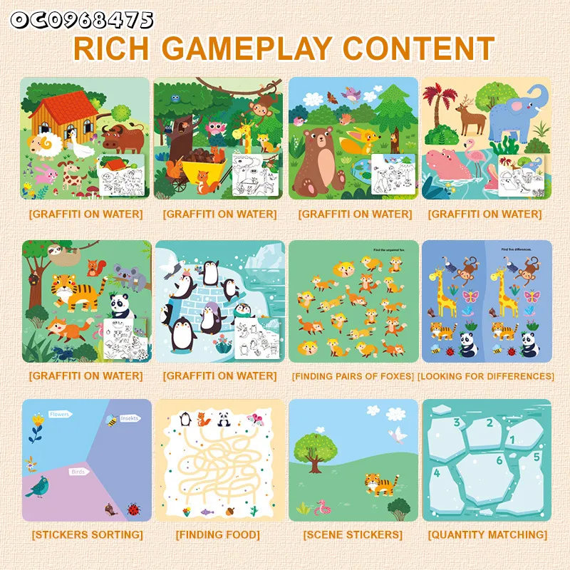 Early Childhood Educational Toys Reusable Montessori Magic Water Painting Busy Book Animals Baby with DIY Kids Sticker Toy