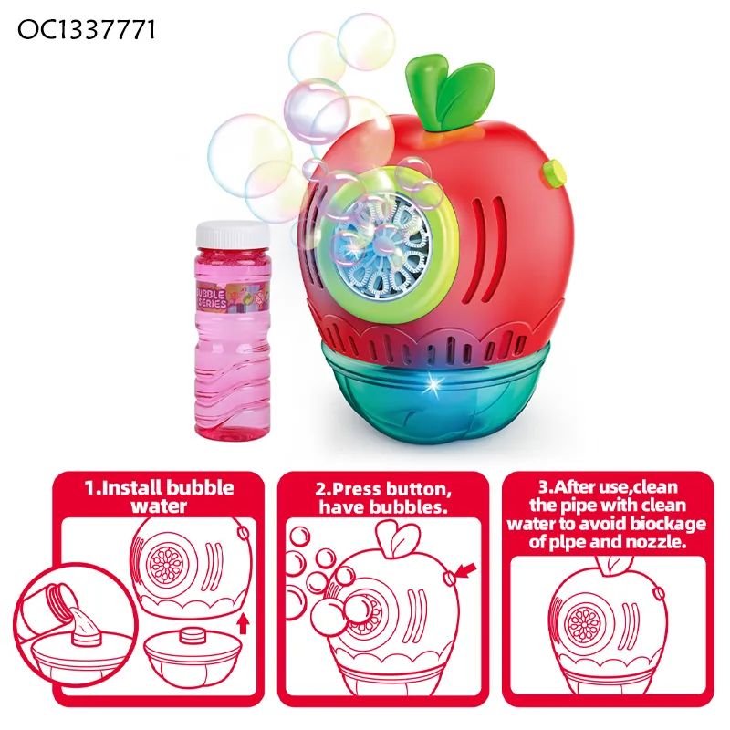 Summer Item Hot Selling Light up Automatic Fruit Design Electric Bubble Blower Machine Kid Outdoor Play Toy with Bubble Solution