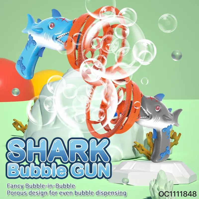 Custom Promotional Outdoor Toddler Playing Toys Blowing Bubbles Water Shark Bubble Gun with 2 Bottles Bubble Machine