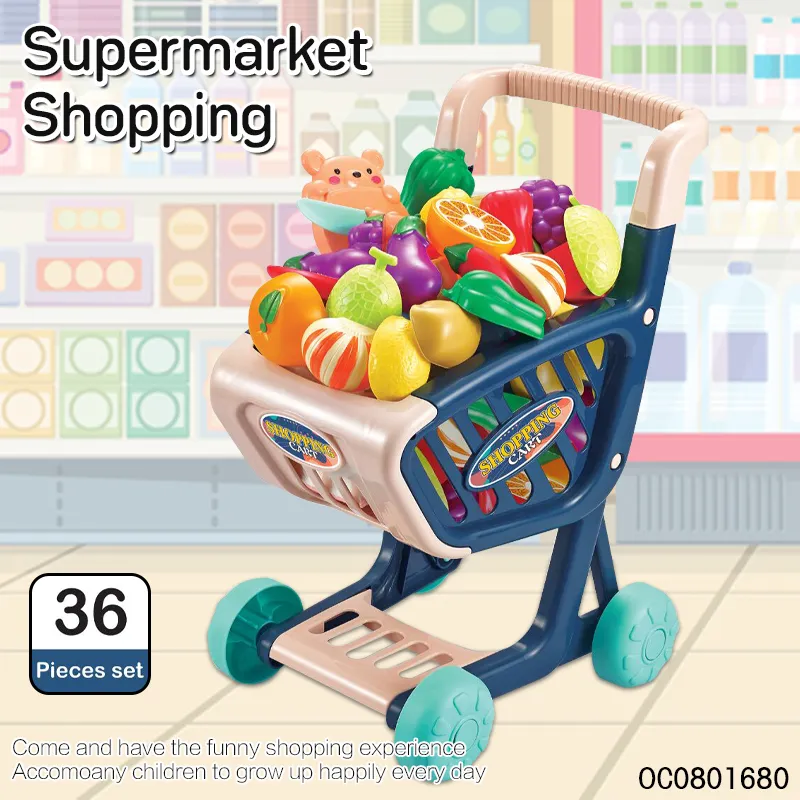 Wholesale Pretend Children's Plastic Kitchen Role Play Set Kids Supermarket Trolley Shopping Toys with Fruit