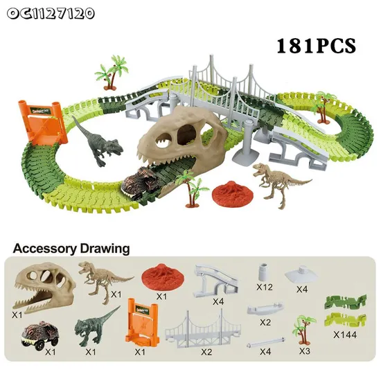 181PCS Dinosaur Theme Adventure Jigsaw Puzzle Track Cars DIY Assembling Rail Car Toys Slot Toys with Electric Dinosaur Car