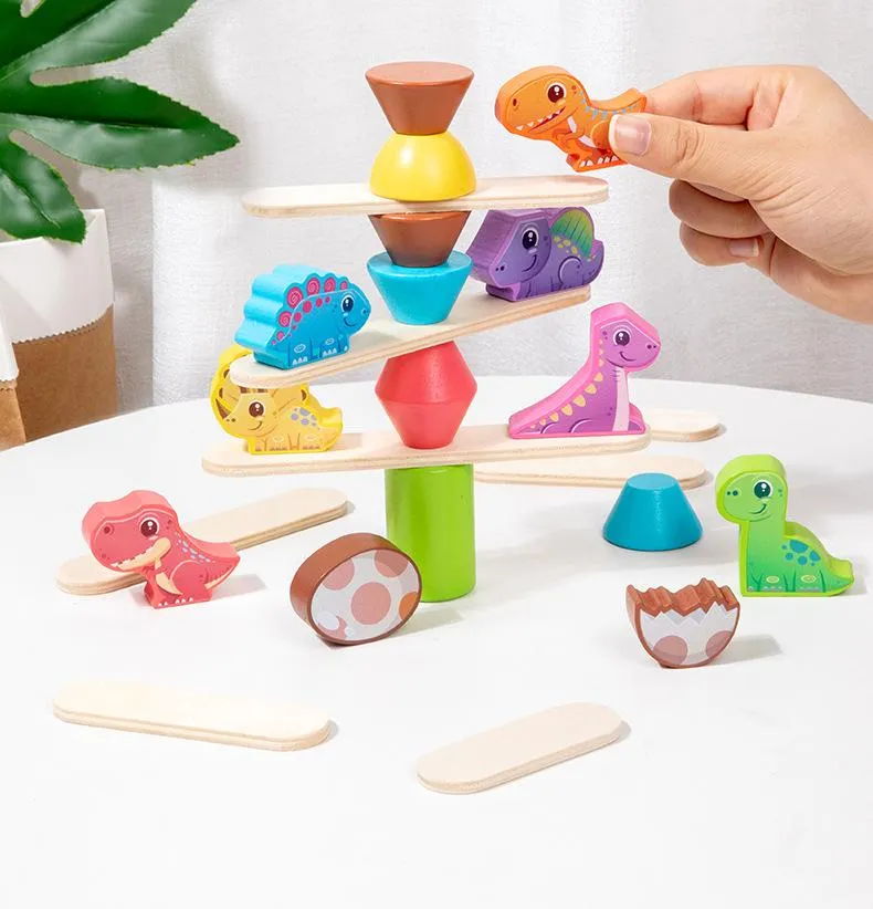 Cartoon Animals Stacking up Wooden Tower Blocks Balance Child Custom Board Game Toy with Dinosaur for Wholesale