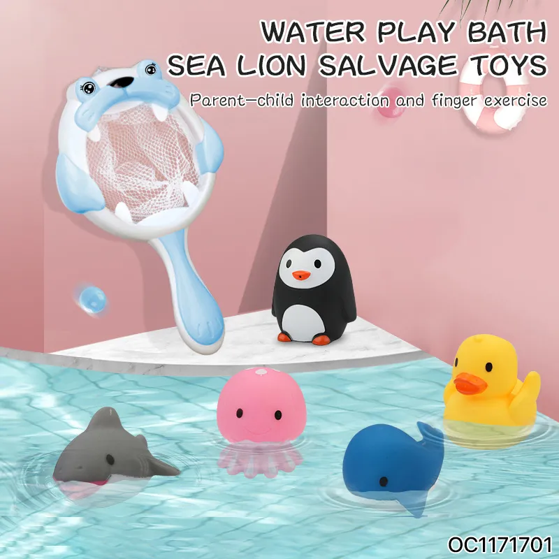 Wholesale Summer Montessori Rubber Cartoon Sea Animal Figure Custom Bath Fishing Water Gift Bath Toy for Kids