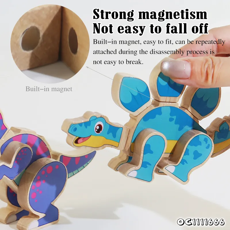 Wholesale Montessori 4PCS Cognitive Educational DIY 3D Dinosaur Wooden Block Toy for Kids