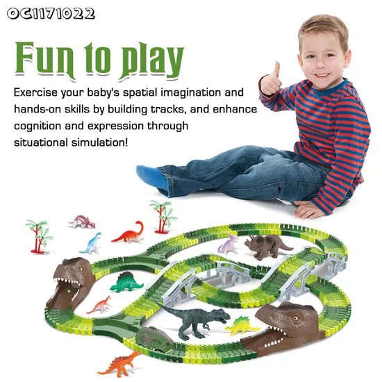 Dinosaur Theme Electric Toy Cars Train Set for Kids with 266PCS Assemble Flexible Multiple Tracks Games Toy with Liqht and Music