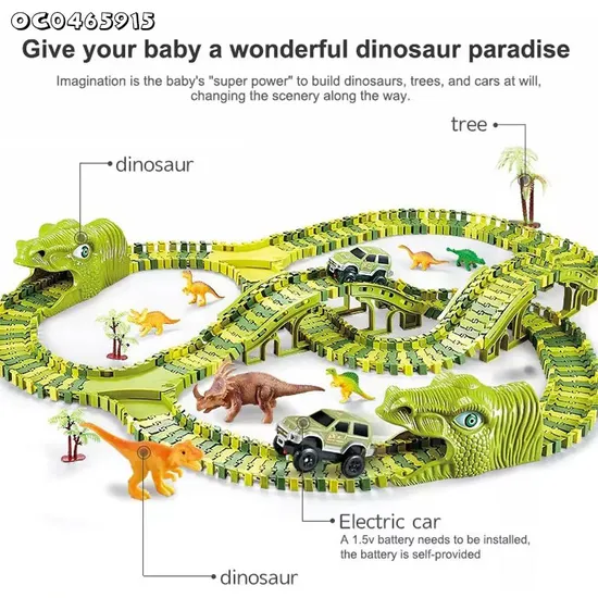 Gift Items Green Electric Dinosaur Truck Car Toy Race Multiple Track Assembly Game with PVC Dinosaur Model Toy for Boys