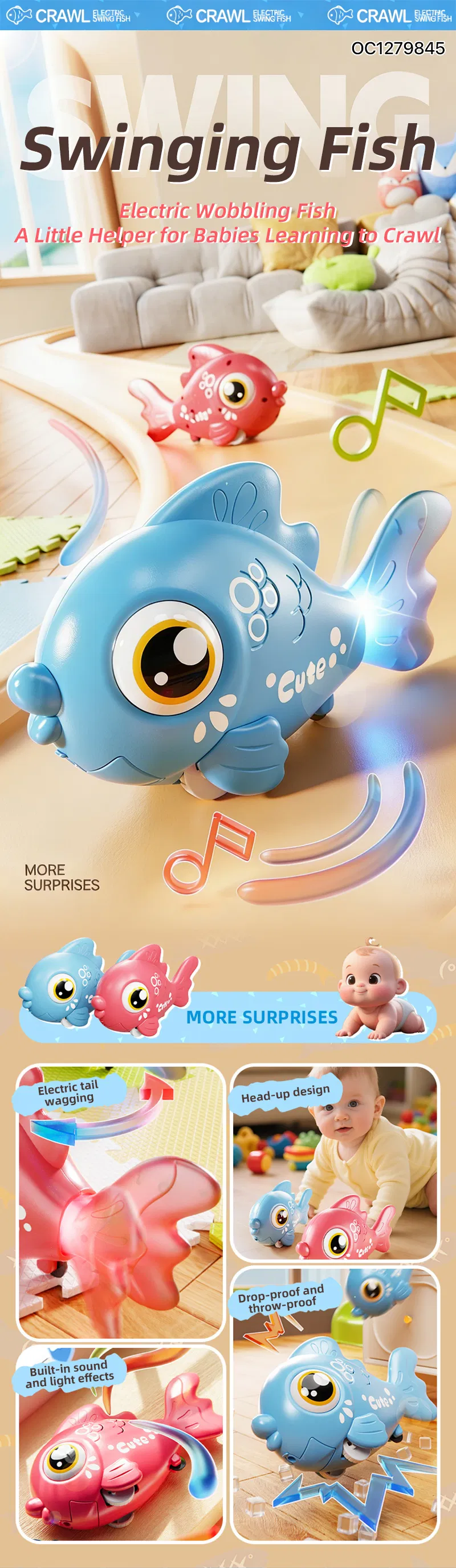 Wholesale Plastic Electric Popular Lighted up Baby Sensory Battery Operated Animal Toys Fish for Baby