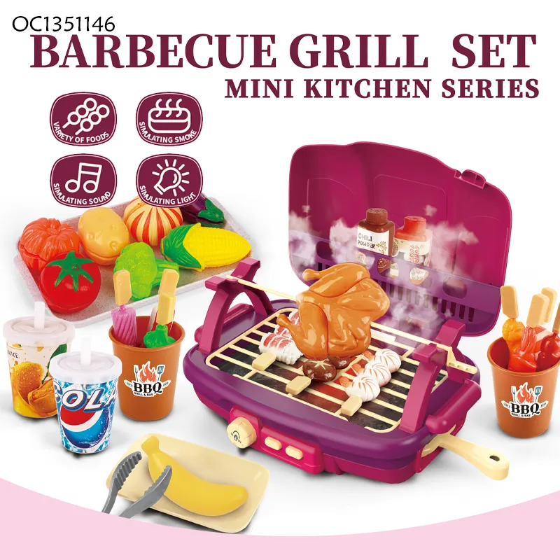 Wholesale Simulation Food Pretend Barbecue Kids Role Play Pink Children's Plastic Mini Kitchen Eaducational Set Toy with Spray
