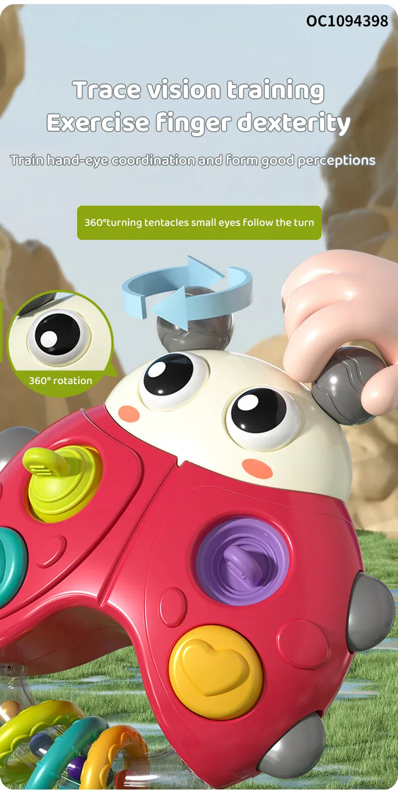 Battery Operated Baby Rattles Montessori Silicone Press Button Game 0-24 Months Toys with Light Music for Hand Eye Coordination Train