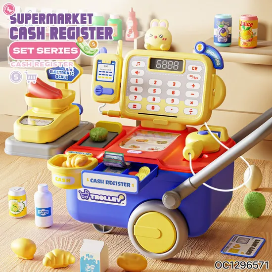 Pretend Battery Operated Supermarket Checkout Counter Mini Food Toy Miniature Plastic Cash Register Fruit Store Toy with Scanner