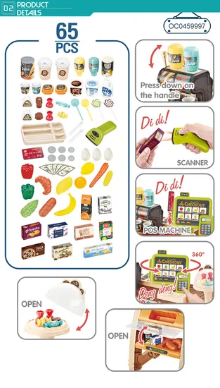 65PCS Food Luxury Big New Cash Register for Kids Home Grocery Supermarket Store Toy