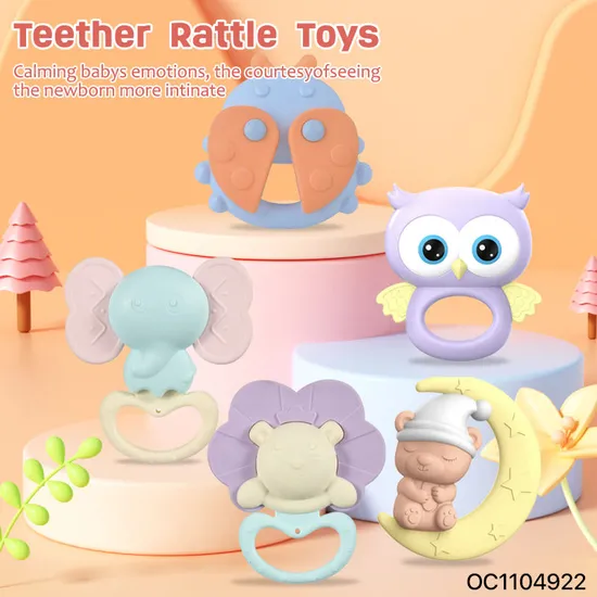 5PCS Educational Animal Soft Silicone Chewing Toys Sound Rattles New Born Babies Cartoon Hand Bell Toys for Sale